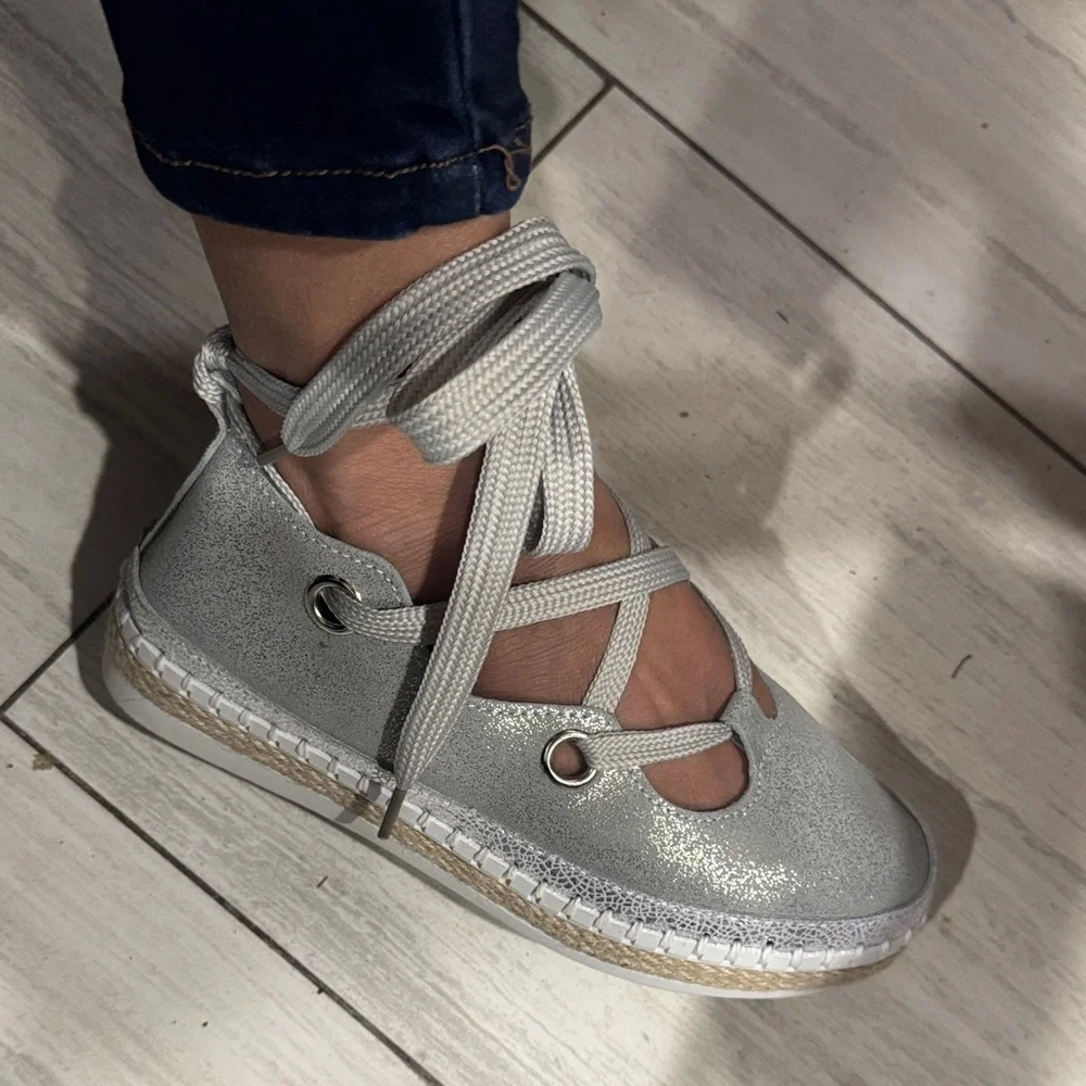 bernie mev. Metallic Silver Crisscross Wedges